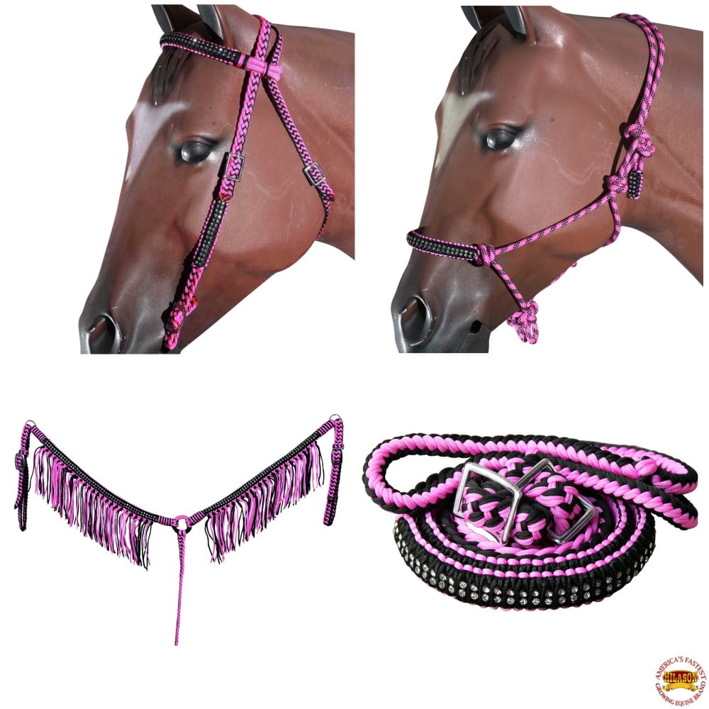 DL Hilason Horse Headstall Breast Collar Halter Reins Braided Paracord Pink