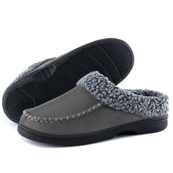 DL Mens Warm Moccasin House Slippers Memory Foam, Winter Cozy Wool-Like Men's Suede Bedroom Indoor Slippers Non-Slip