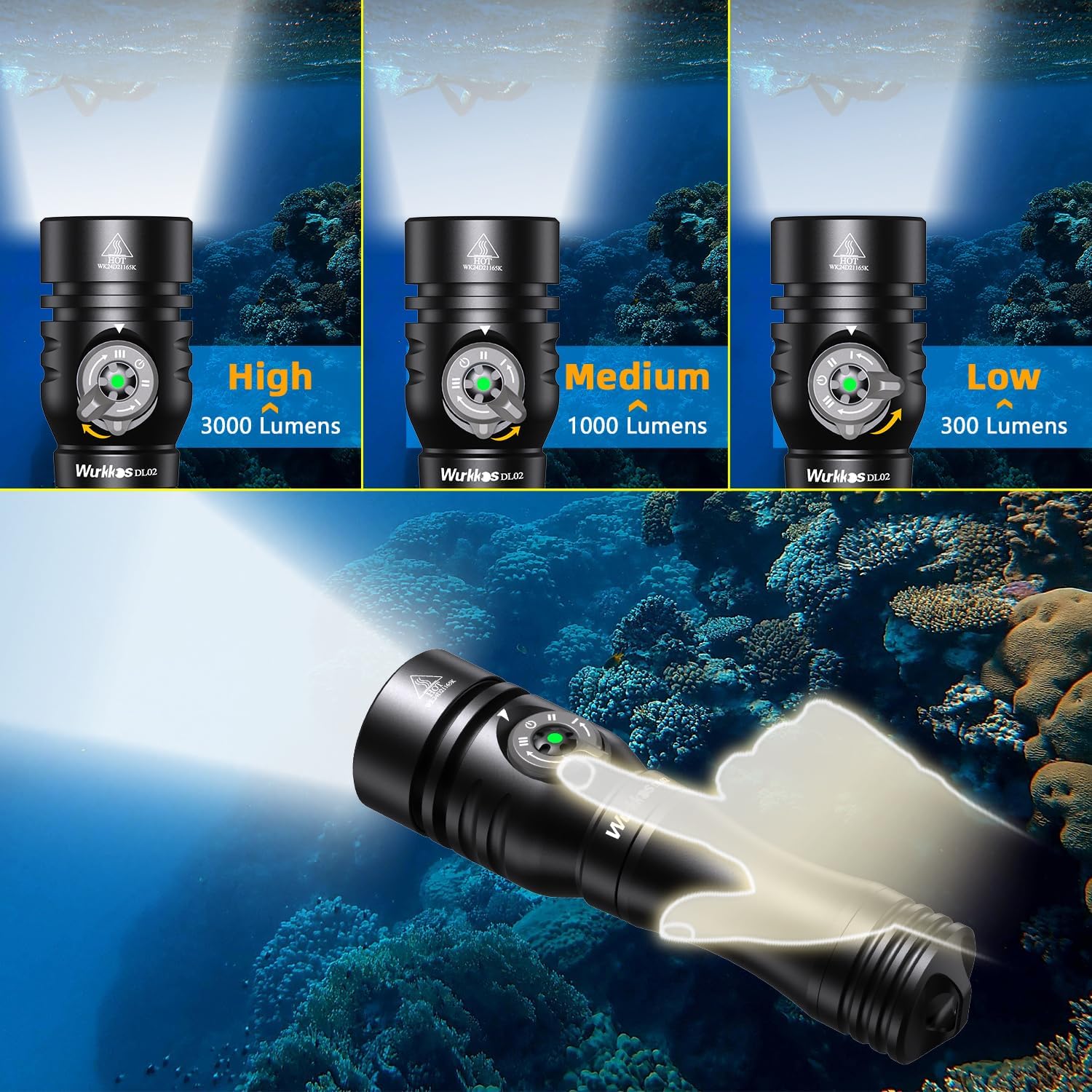 DL02 Scuba Diving Light, 3000 Lumens 6500K Dive Light with Rotary ...