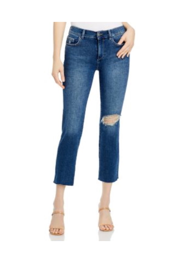 Womens Blue Denim Zippered Pocketed Ripped Ankle Mid-Rise Straight leg Jeans 30