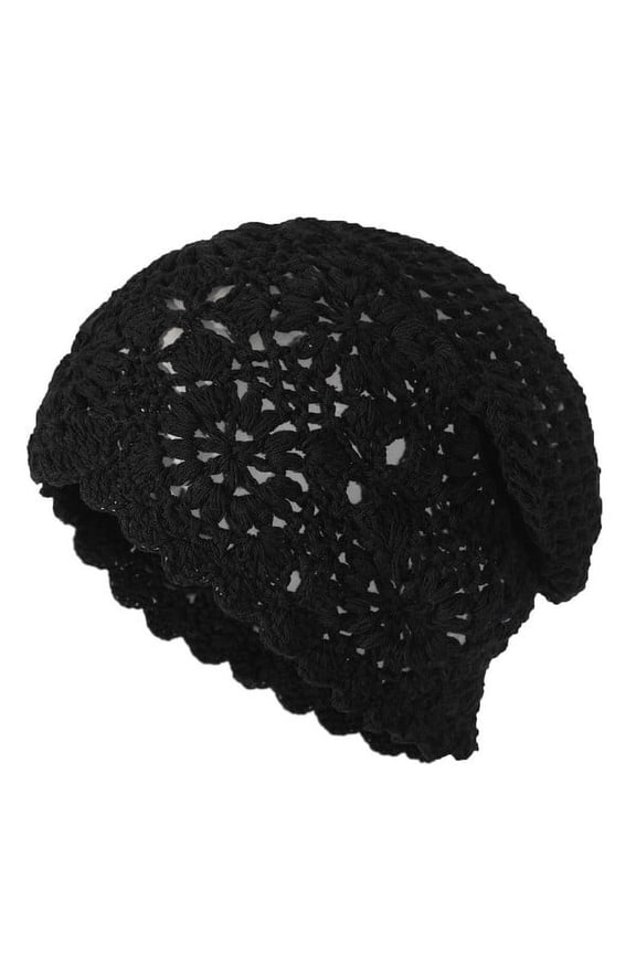 Cotton Crochet Hat Handmade Knit Summer Slouchy Beanie Floral Skull Cap, Solid Black