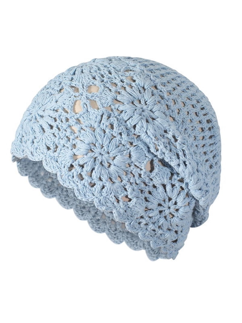 Women\'s Cotton Crochet Slouchy Beanie Hat Knit Summer Skull Cap Solid Blue DLAPL Cotton Crochet Hat Handmade Knit Summer Slouchy Beanie  main image 3