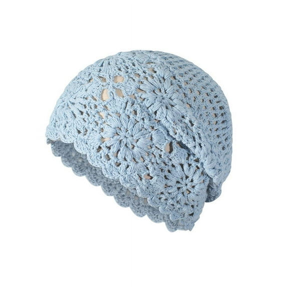 DLAPL Cotton Crochet Hat Handmade Knit Summer Slouchy Beanie Floral Skull Cap, Solid Blue