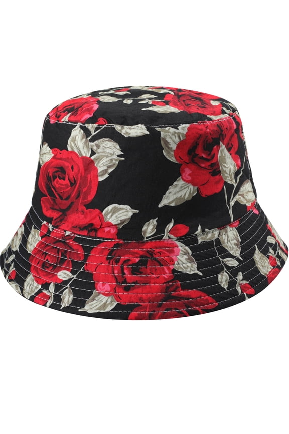 Cute Print Bucket Hat for Women Men Teens Summer Beach Fisherman Cap, Rose Black
