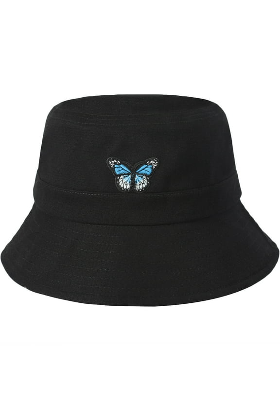 Embroidered Bucket Hat for Women Men Fashion Summer Beach Fisherman Cap, Butterfly Black