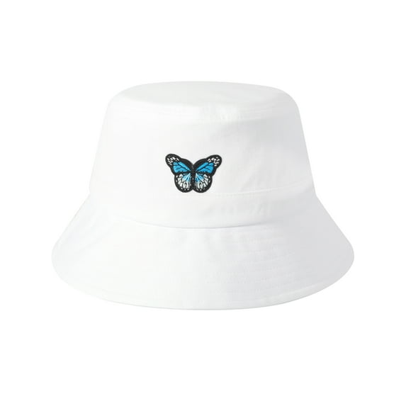 DLAPL Embroidered Bucket Hat for Women Men Fashion Summer Beach Fisherman Cap, Butterfly Pure White