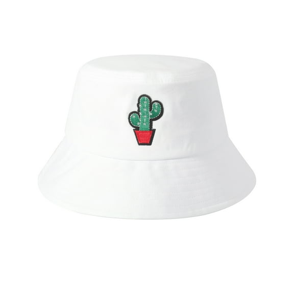 DLAPL Embroidered Bucket Hat for Women Men Fashion Summer Beach Fisherman Cap, Cactus White