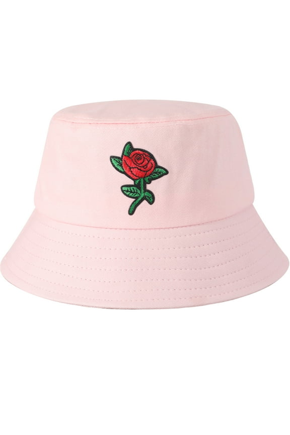 Embroidered Bucket Hat for Women Men Fashion Summer Beach Fisherman Cap, Rose Pink