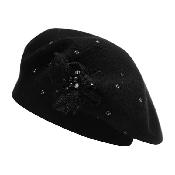 DLAPL Women French Beret hat Solid Color Floral Warm Beret Cap, Bead Flower Black