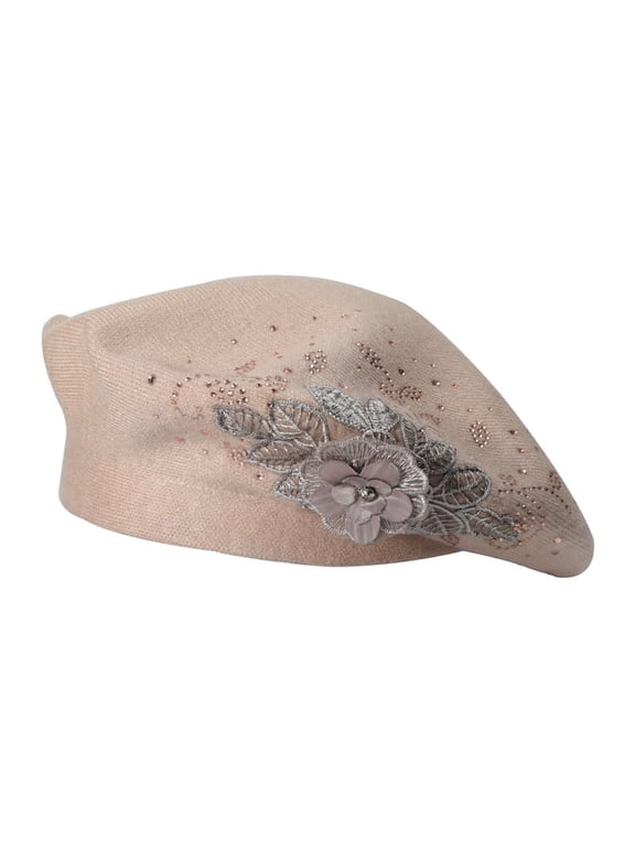 Women French Beret hat Solid Color Floral Warm Beret Cap (Flower Beige)