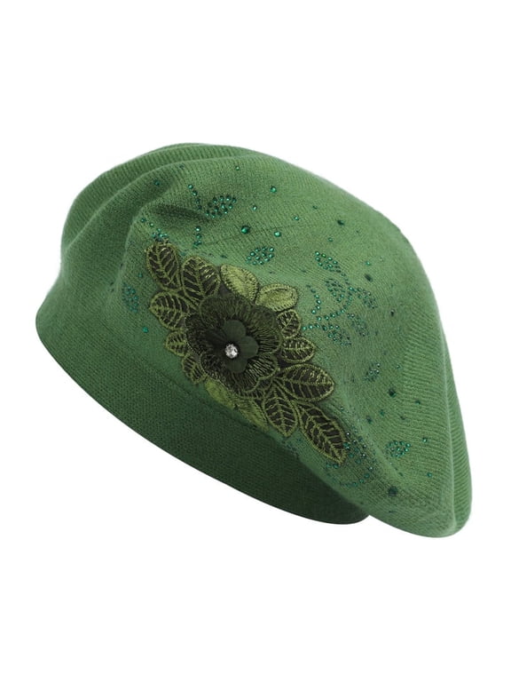 Women French Beret hat Solid Color Floral Warm Beret Cap (Flower Green)