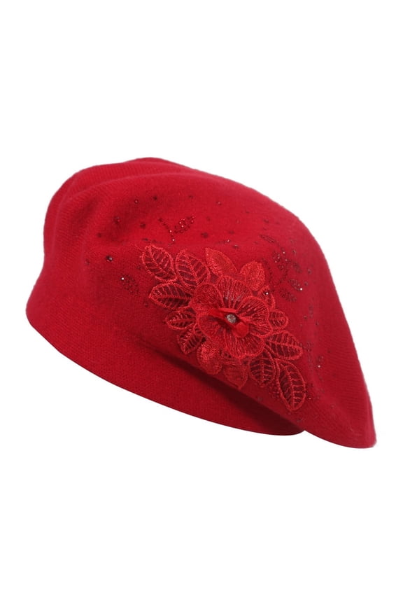 Women French Beret hat Solid Color Floral Warm Beret Cap (Flower Red)
