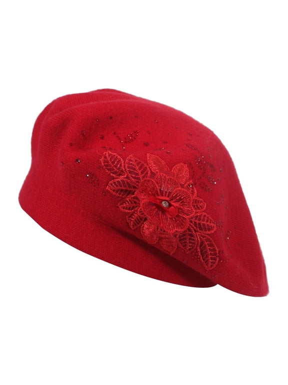 Women French Beret hat Solid Color Floral Warm Beret Cap (Flower Red)
