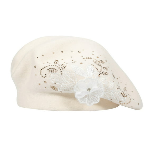 DLAPL Women French Beret hat Solid Color Floral Warm Beret Cap (Flower White)