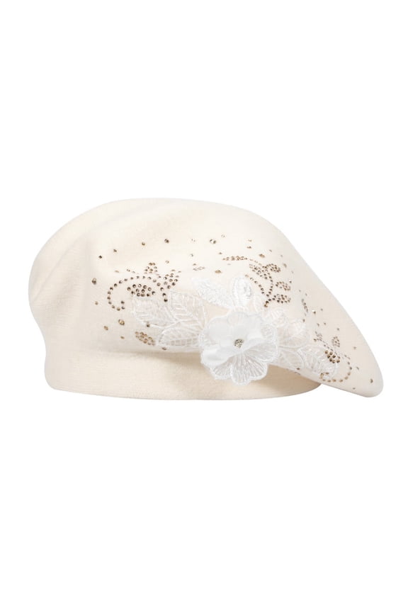 Women French Beret hat Solid Color Floral Warm Beret Cap (Flower White)