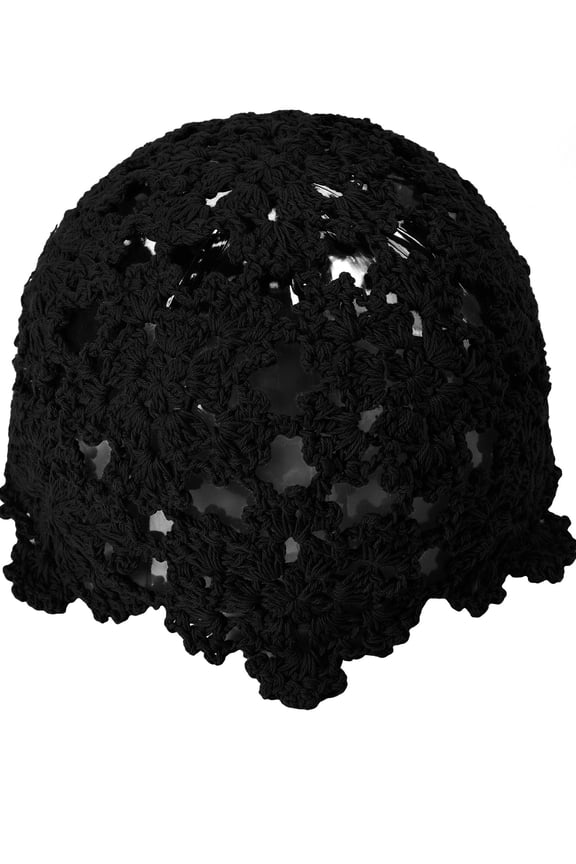 Women's Cotton Crochet Floral Cutout Beanie Hat Handmade Knit Summer Skull Cap (Solid Black)