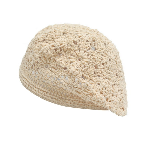 DLAPL Women's Cotton Slouchy Beret Hat Crochet Floral Cutout Handmade Knit Beanie Hat (Plain Beige)