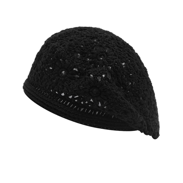 Crochet Beret Hat Handmade Floral Cutout Beanie Slouchy Women Cotton Slouchy Crochet Beret Handmade Cutout Floral  main image 2