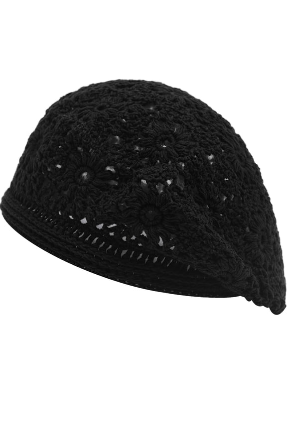 Women's Cotton Slouchy Beret Hat Crochet Floral Cutout Handmade Knit Beanie Hat (Plain Black)