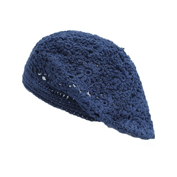DLAPL Women's Cotton Slouchy Beret Hat Crochet Floral Cutout Handmade Knit Beanie Hat (Plain Navy)