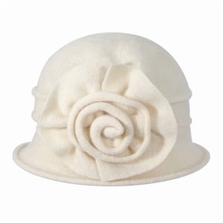 DLAPL Women's Wool Cloche Bucket Hat with Flower Accent,Floral Cream White