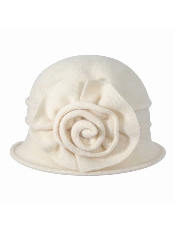 Women's Wool Cloche Bucket Hat with Flower Accent,Floral Cream White