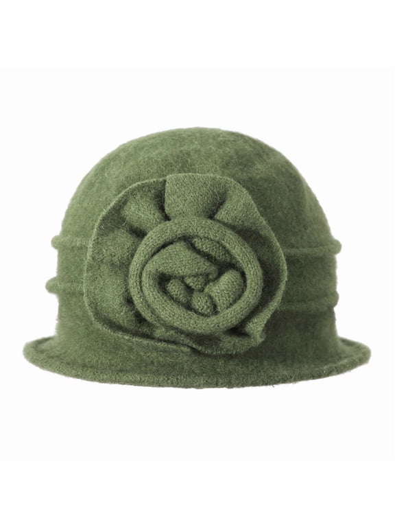 Women's Wool Cloche Bucket Hat with Flower Accent,Floral Green