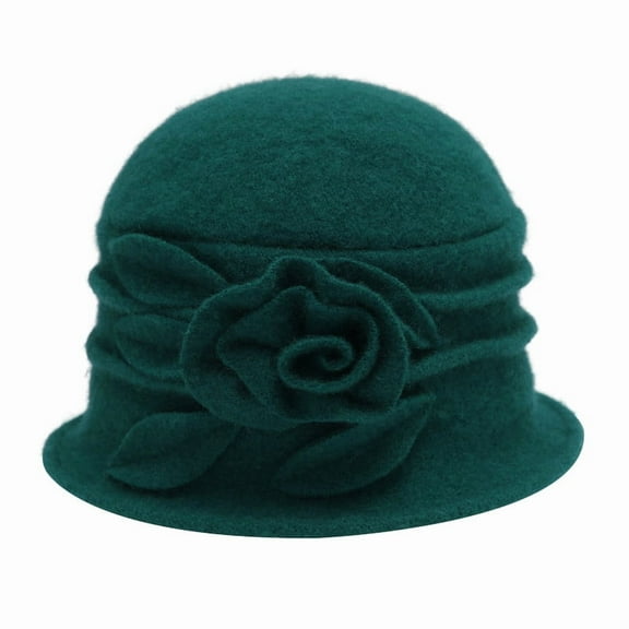 DLAPL Women's Wool Cloche Bucket Hat with Flower Accent,Floral Teal Green