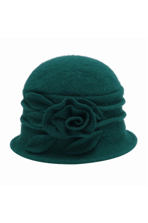 Women's Wool Cloche Bucket Hat with Flower Accent,Floral Teal Green