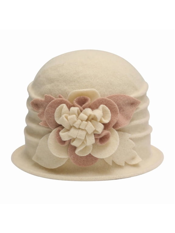 Women's Wool Cloche Bucket Hat with Flower Accent,Mixed Beige