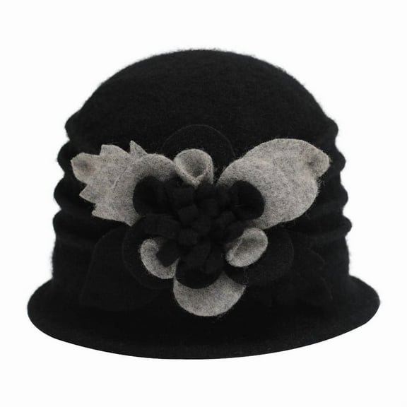 DLAPL Women's Wool Cloche Bucket Hat with Flower Accent,Mixed Black