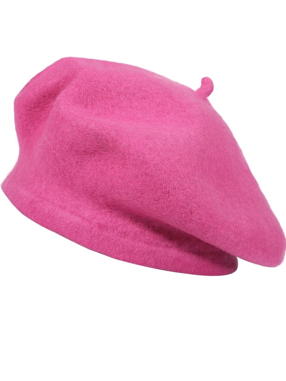 Wool Beret Hat for Women Solid Color Classic French Style Beret Cap (Hot Pink)