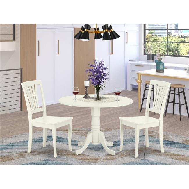 DLAV3-LWH-W 3PC Round 42 inch Table with Two 9-Inch Drop Leaves and 2 ...