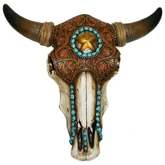 DLC 12699 Bull Skull with Tooled Leather Home Decor - 12 x 3.5 x 13 in.