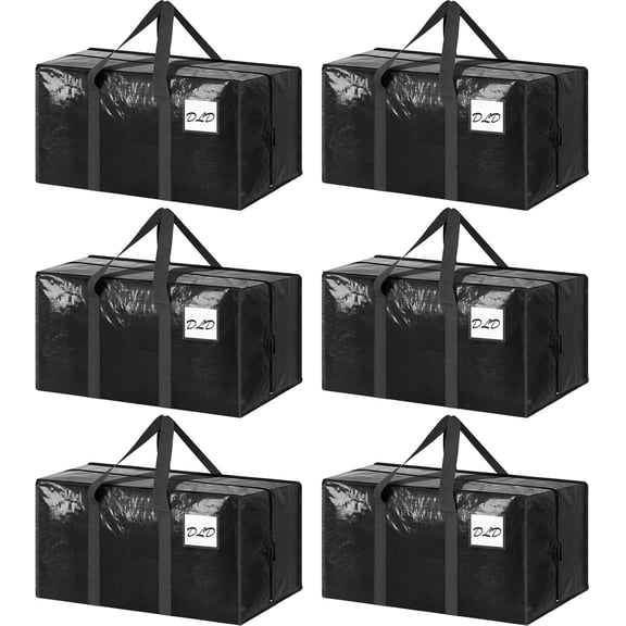 DLD 6 Pack Extra Heavy Duty Large Moving Bags, Clothes Storage Bags Totes Bins, Moving Boxes with Zippers Top and Sturdy Handles - College Dorm Essentials, Collapsible Moving Supplies, Black