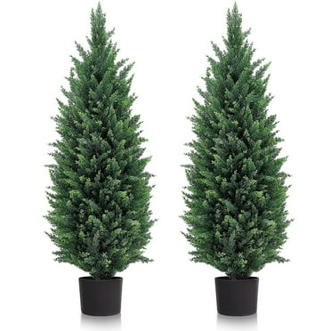 DLD Artificial Cedar Tree 2 Pack 3 ft Outdoor Artificial Fake Tree Cedar Plants UV Protected Potted Tree - Set of 2