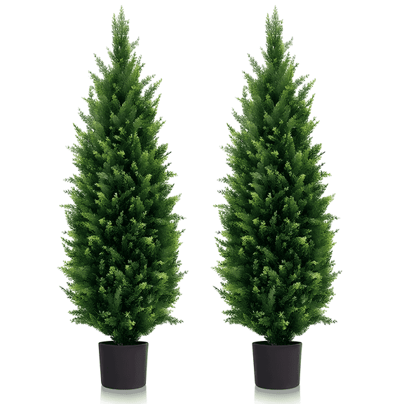 DLD Artificial Cedar Tree 2 Pack 4 ft Indoor/Outdoor Faux Plants for Porch Decor Cedar Plants UV Protected Potted Tree, Artificial Plants Outdoor, Housewarming Gift