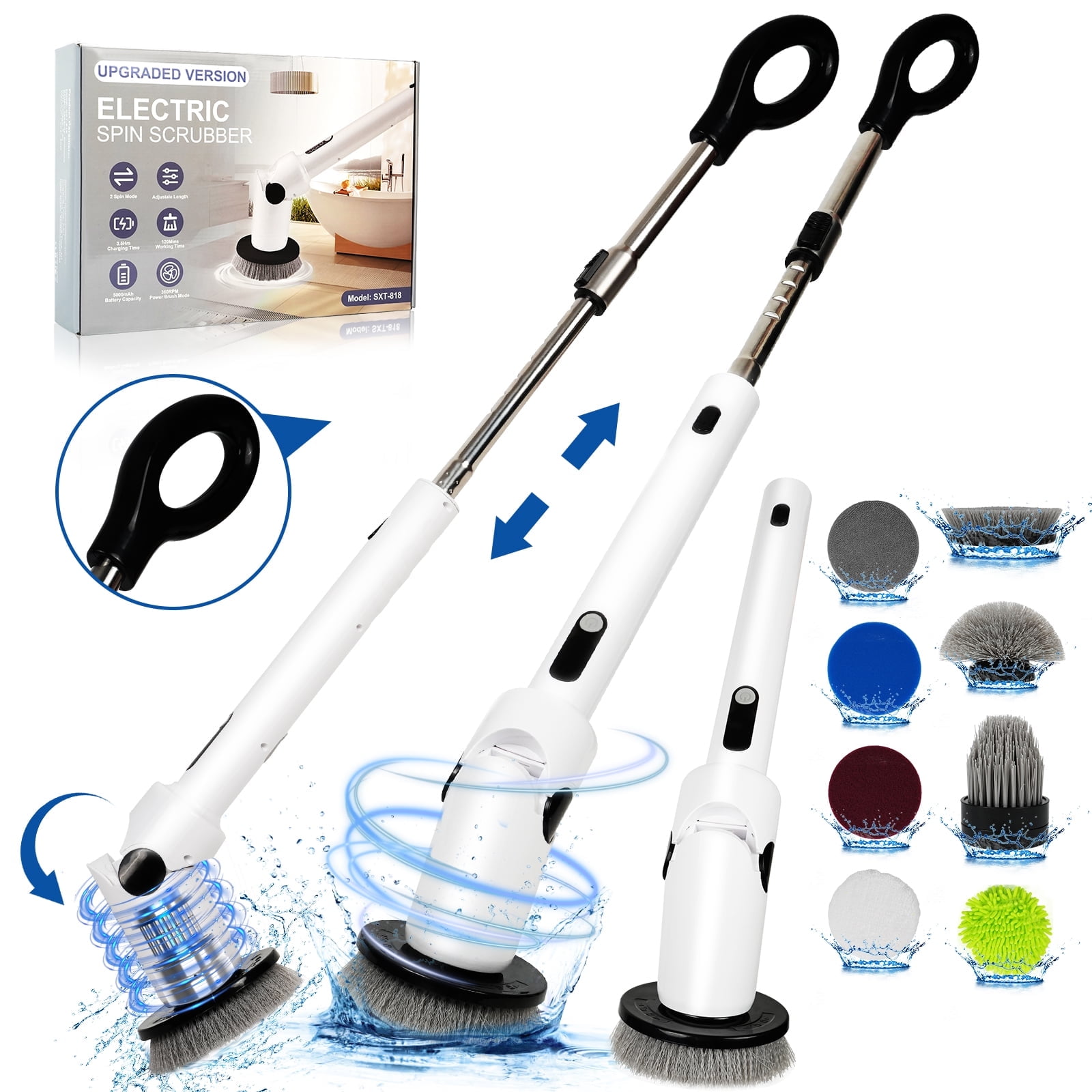 White Cordless Electric Spin Scrubber with Adjustable Handle and Replaceable Heads