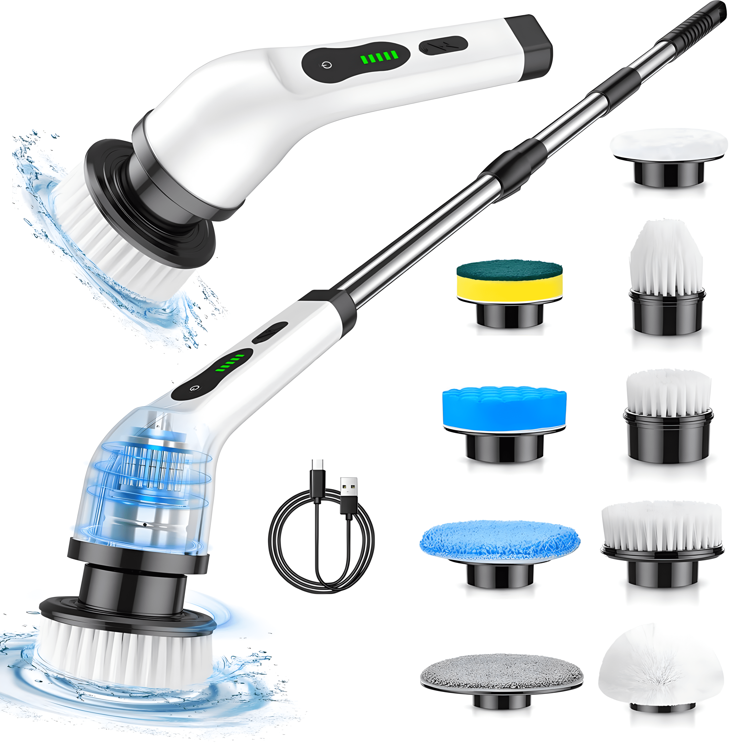 DLD Electric Spin Scrubber, Cordless Cleaning Brush with 9 Replaceable Brush Heads, Dual Speed with Adjustable \u0026 Detachable Handle for Bathroom Kitchen Car