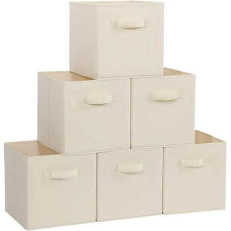DLD Set of 6 Fabric Storage Cube Bins, Collapsible Cloth Baskets Organizer for Organization, Closet, Shelves, Offices, Toys, with Handles, Sturdy, Beige