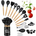 thumbnail image 1 of DLD Silicone Cooking Set, 33 Piece Silicone Cooking Set, Non-Stick Heat Resistant, Durable Wooden Handle, Best Kitchen Utensils (Black), 1 of 8