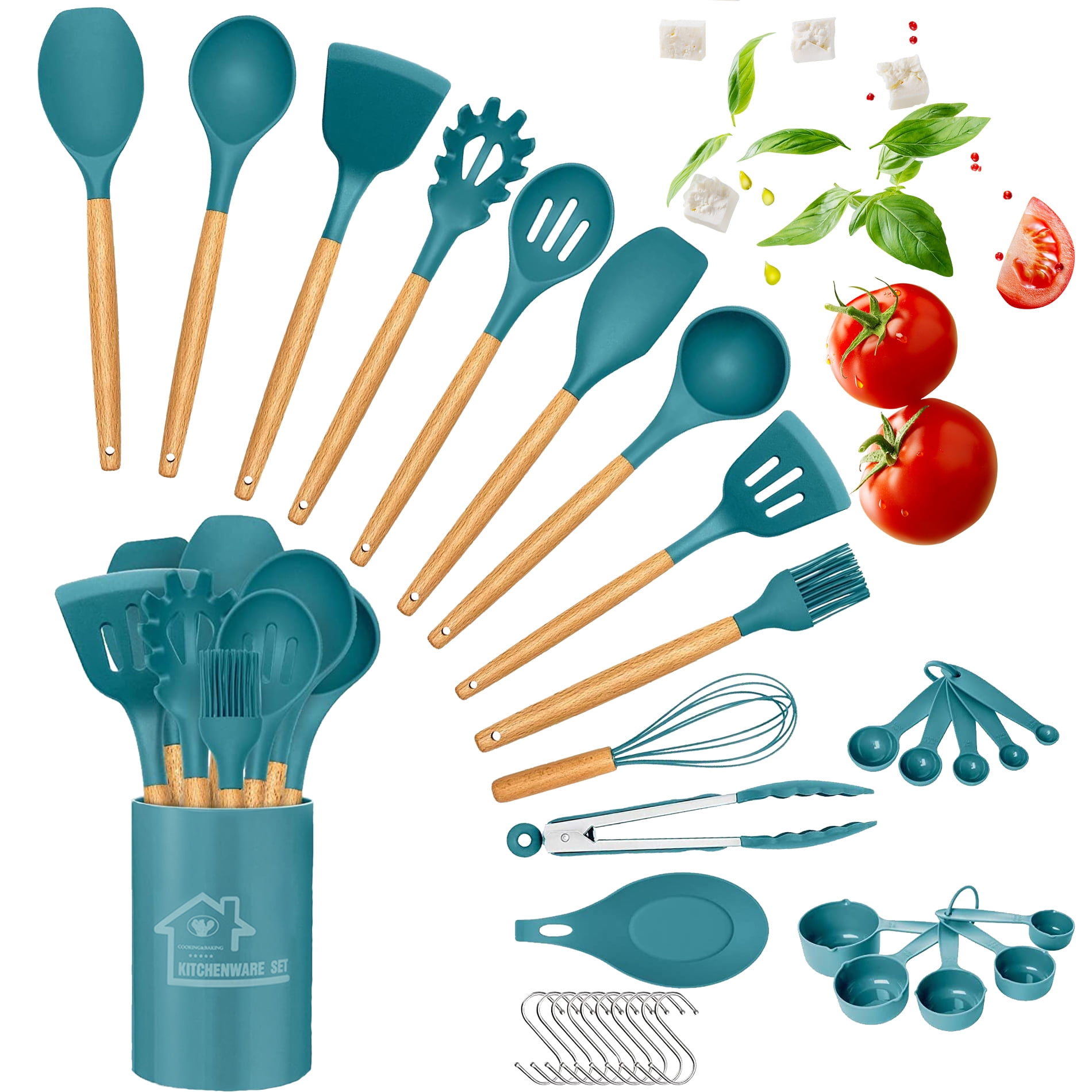 NutriChef 10 Pcs. Silicone Heat Resistant Kitchen Cooking Utensils Set -  Non-Stick Baking Tools with PP Holder (Blue & Black)