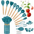 thumbnail image 1 of DLD Silicone Cooking Set, 33 Piece Silicone Cooking Set, Non-stick Heat Resistant, Durable Wooden Handle, Best Kitchen Utensils (Blue), 1 of 8