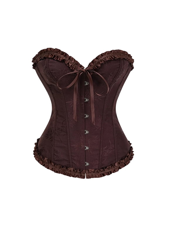 Basic Oversized Corset for Women Plus Size Lace Up Back Overbust Corset Gothic Front Hooks Bodyshaper Slim Wide Waist Cincher Floral Satin Corset Victorian Halloween Costume Brown Xs