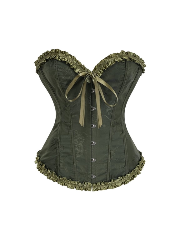Basic Oversized Corset for Women Plus Size Lace Up Back Overbust Corset Gothic Front Hooks Bodyshaper Slim Wide Waist Cincher Floral Satin Corset Victorian Halloween Costume Blackish Green M