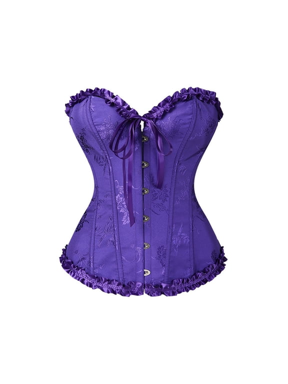 Basic Oversized Corset for Women Plus Size Lace Up Back Overbust Corset Gothic Front Hooks Bodyshaper Slim Wide Waist Cincher Floral Satin Corset Victorian Halloween Costume Dark Purple S