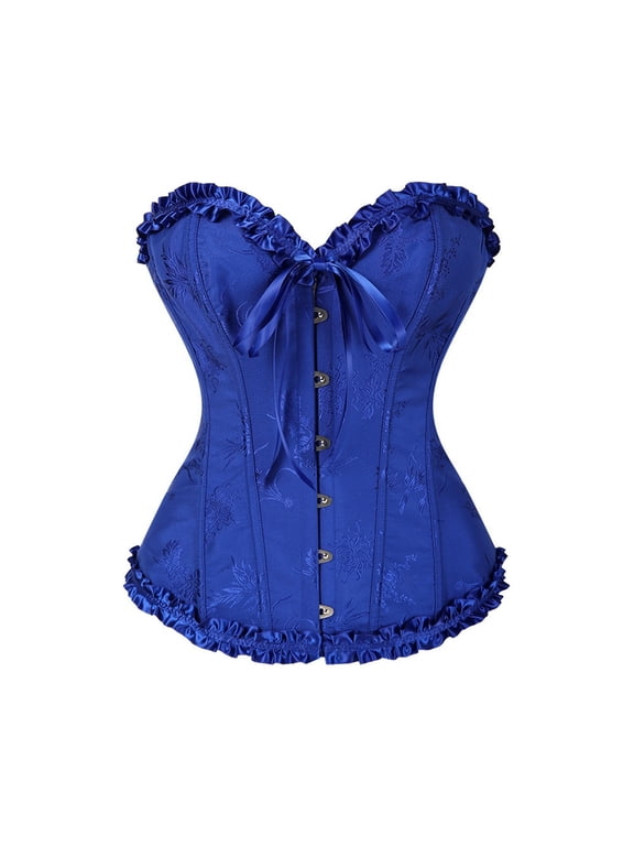 Basic Oversized Corset for Women Plus Size Lace Up Back Overbust Corset Gothic Front Hooks Bodyshaper Slim Wide Waist Cincher Floral Satin Corset Victorian Halloween Costume Dark Blue S