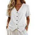 thumbnail image 1 of DLIDG Cotton Linen Tops fort Women Button Down V Neck Short Sleeve Waistcoat Shirts Dressy Casual Tunic Shirts Trendy Gauze Vest Blouse Lightweight Blouse Business Vacation Casual Outfits White Xl, 1 of 5