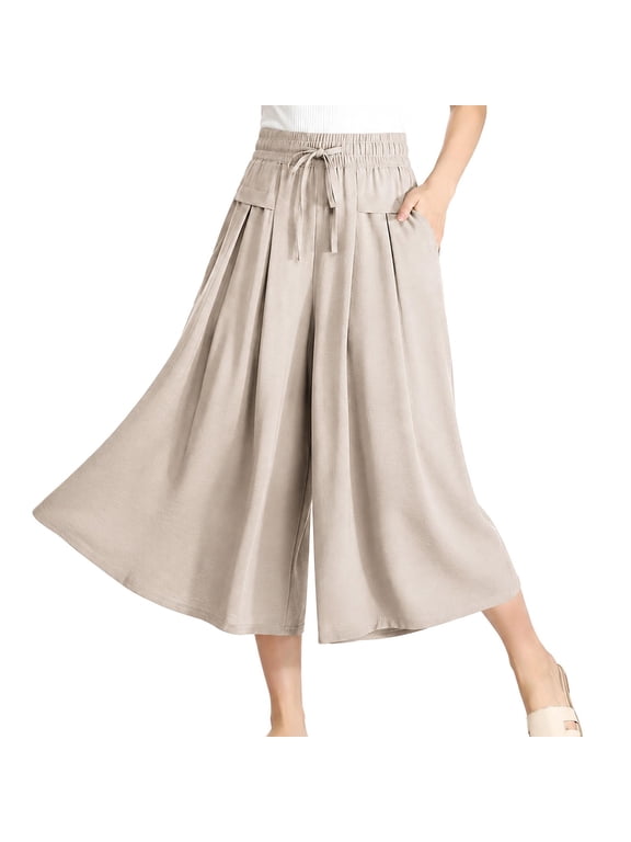 Elegant Linen Culottes for Women Drawstring Elastic High Waisted Palazzo Pants Flowy Baggy Loose Fit Wide Leg Bottoms Casual Cozy Soft Gauze Pants Lounge Vacation Trousers Beige L