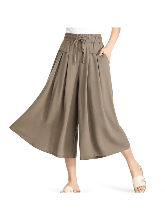 Elegant Linen Culottes for Women Drawstring Elastic High Waisted Palazzo Pants Flowy Baggy Loose Fit Wide Leg Bottoms Casual Cozy Soft Gauze Pants Lounge Vacation Trousers Khaki Xxl